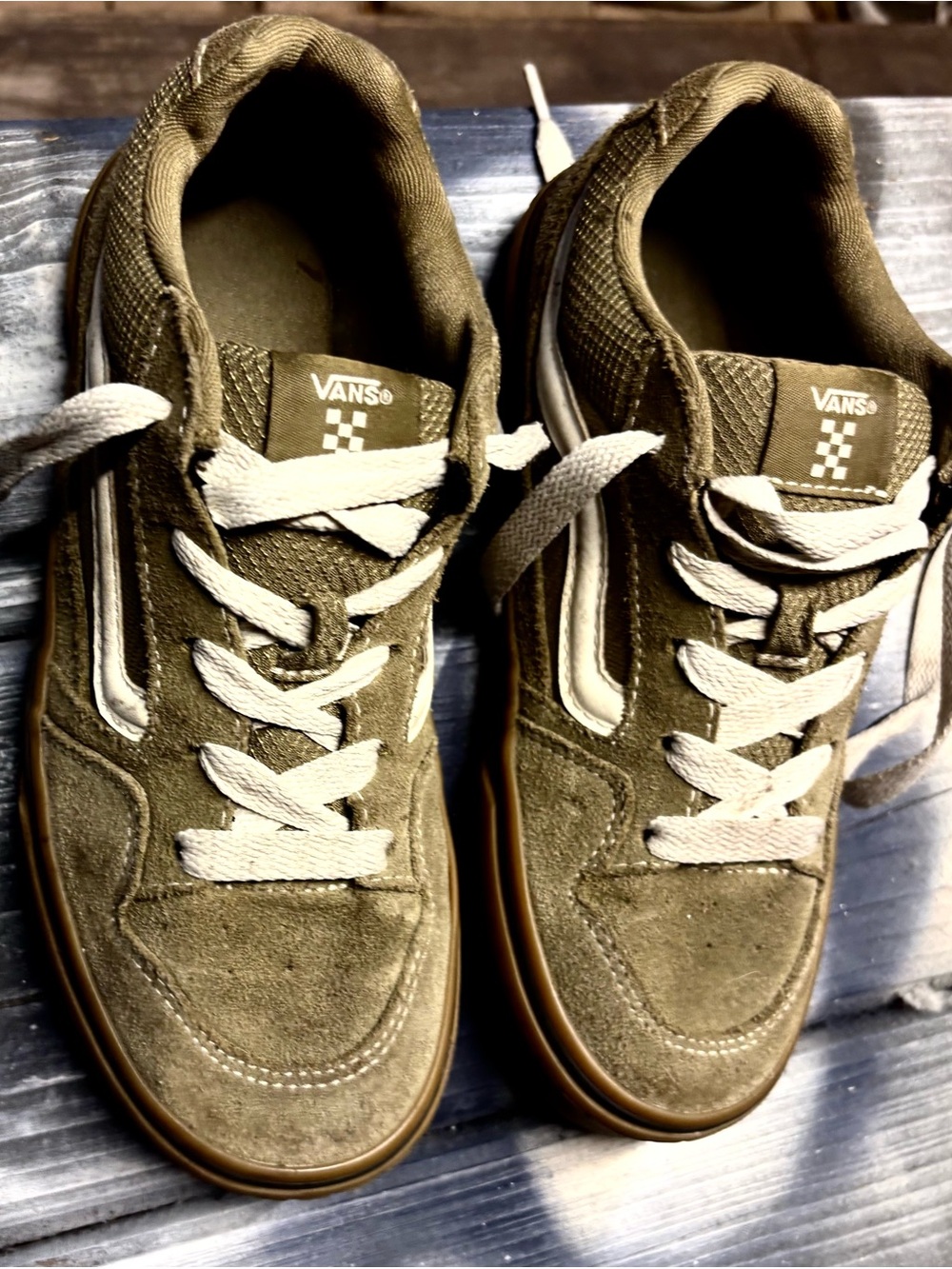 Vans Olive Suede Low-Top Sneakers with White Stripes womens 6